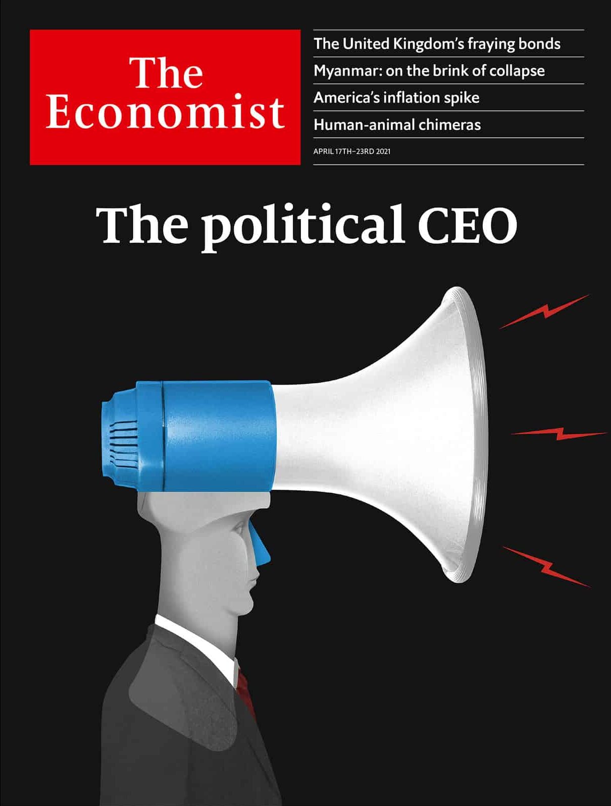 Image of a megaphone and businessman for the economist cover illustrated by Brett Ryder