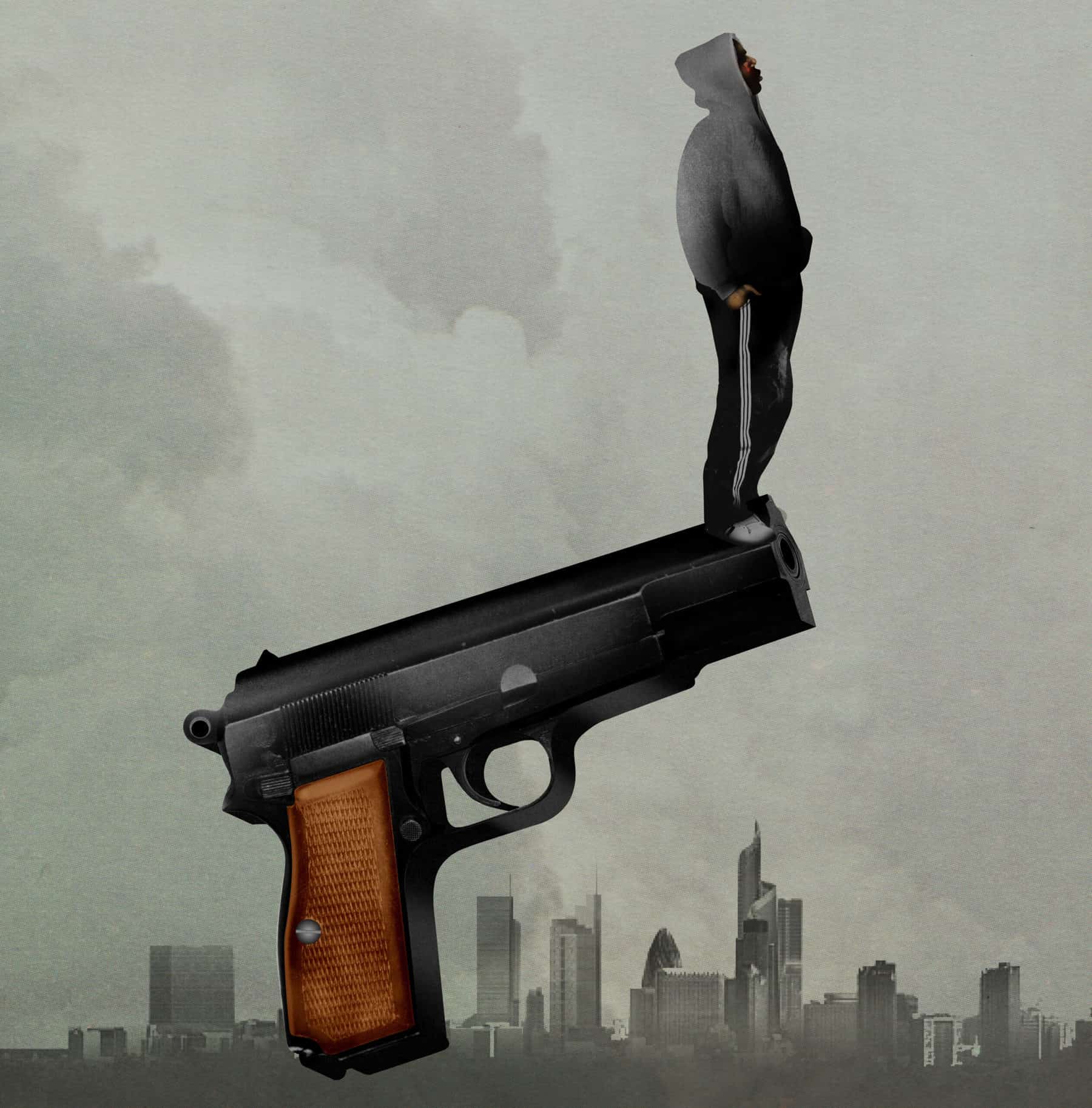 man in hoodie on the end of a gun illustrated by Brett Ryder