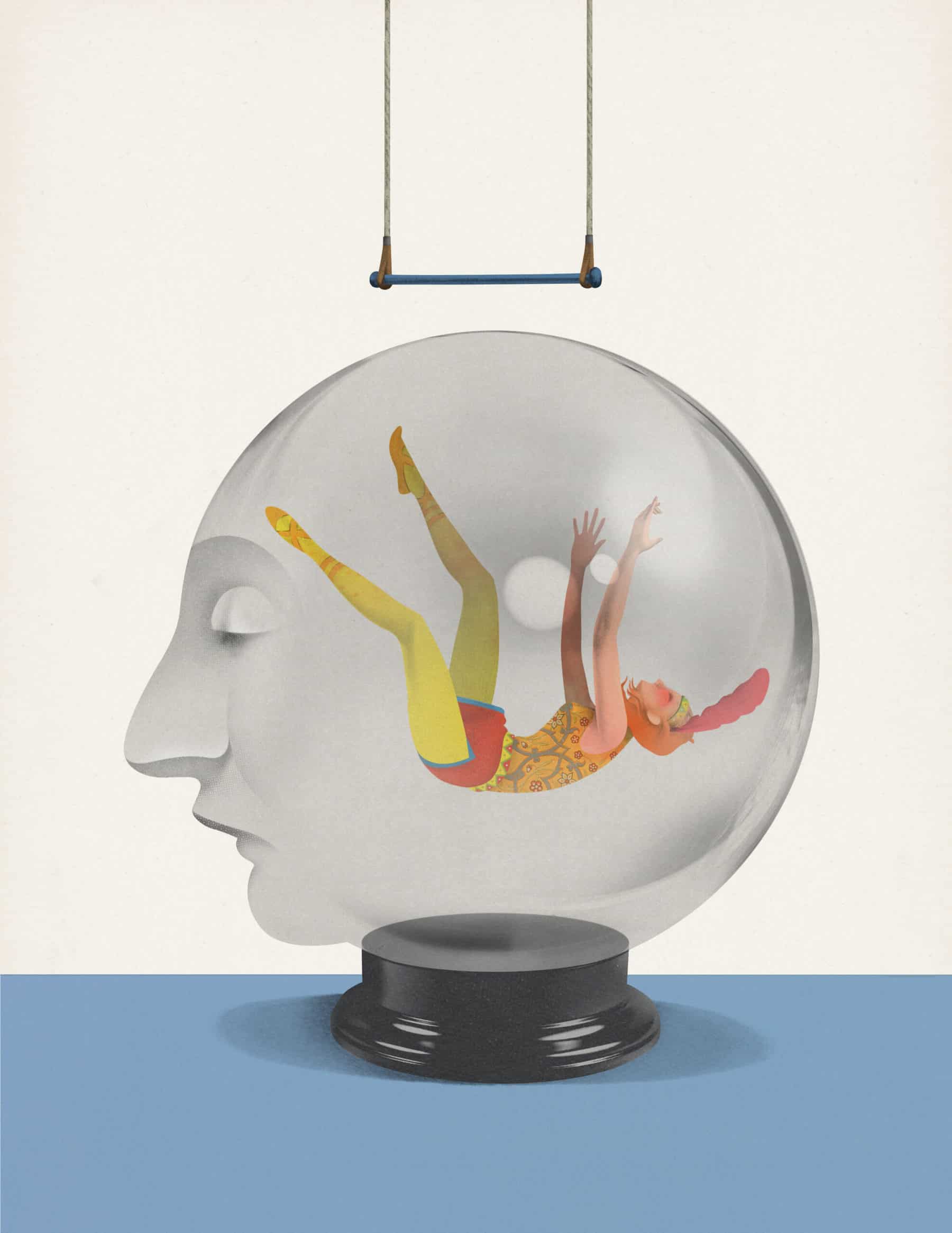 an image of a crystal ball with trapeze artist inside ill rated by Brett Ryder